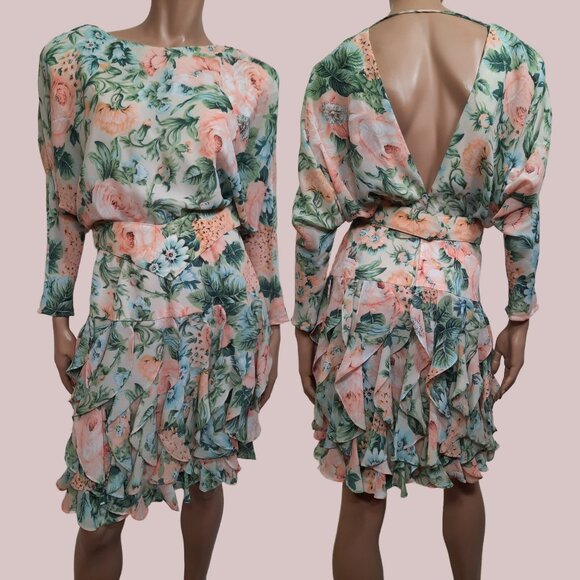 Vintage 80s Belted Floral Dress Size S Ruffled Chiffon Open Back Pink Green - Picture 1 of 9